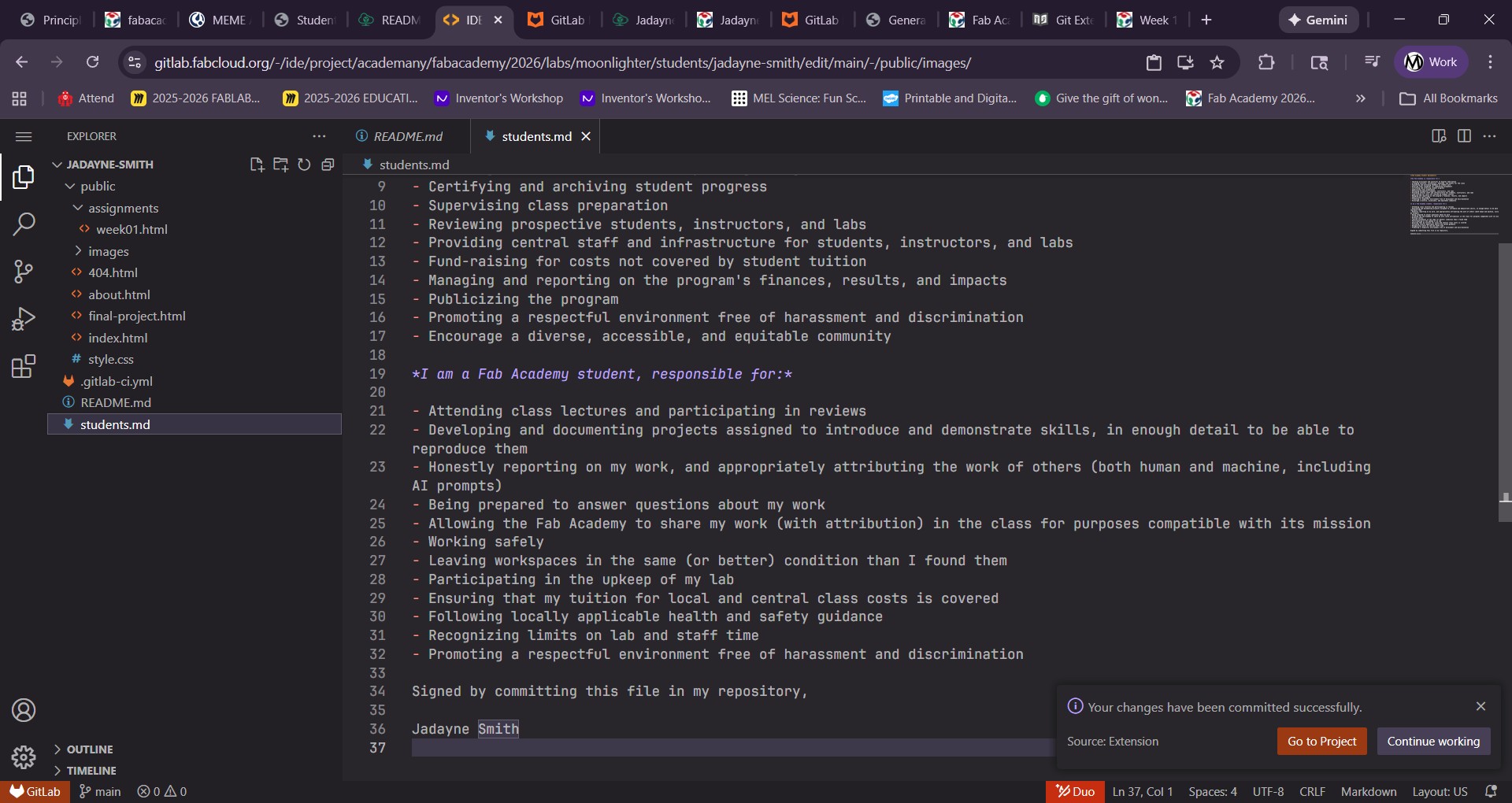 Image of my submitted student agreement